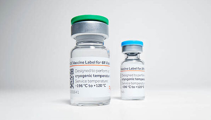 Zwei Impfstofffläschchen mit Etiketten. Vorderes Fläschchen mit grünem Deckel, hinteres mit blauem Deckel, auf weißem Hintergrund.